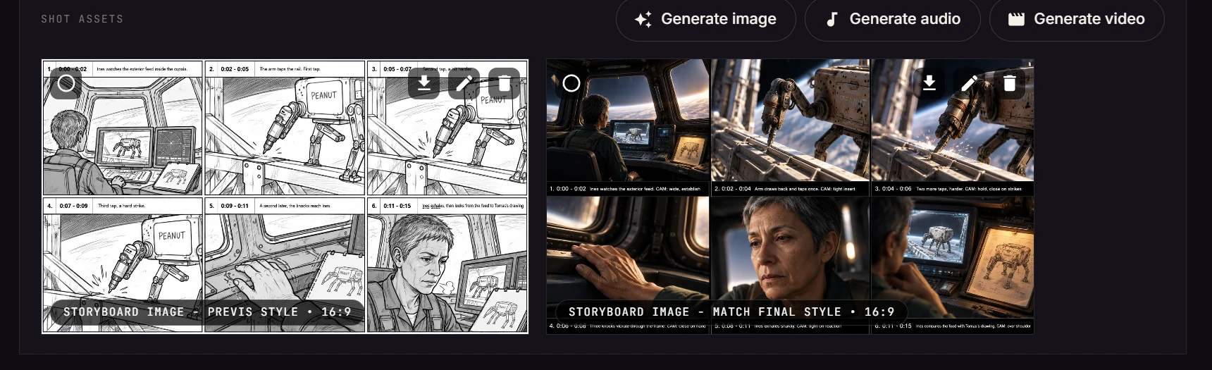 The same shot's assets in BeatBandit: a pencil previs storyboard and a finished storyboard, side by side, with Generate image, Generate audio and Generate video buttons.