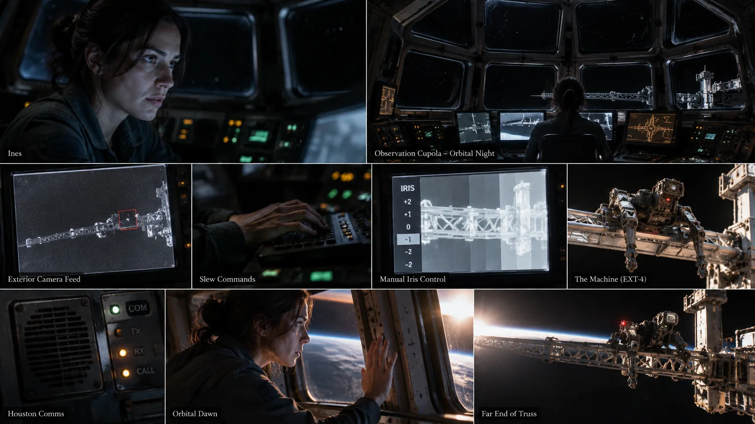 Moodboard for scene 9: Ines lit by console displays, the observation Cupola at orbital night, the exterior camera feed, slew commands, manual iris control, the drone on the truss, the Houston comms panel, orbital dawn, and the far end of the truss.