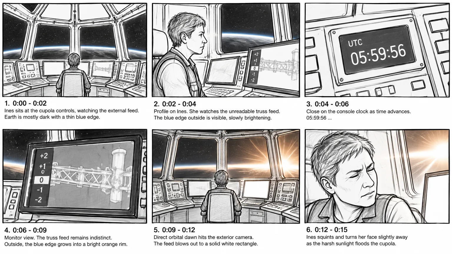 Six-panel pencil previs for scene 9, shot 4: Ines at the Cupola controls watching an unreadable truss feed, the console clock, dawn breaking over the edge of the Earth, and the feed blowing out to white as she squints away.