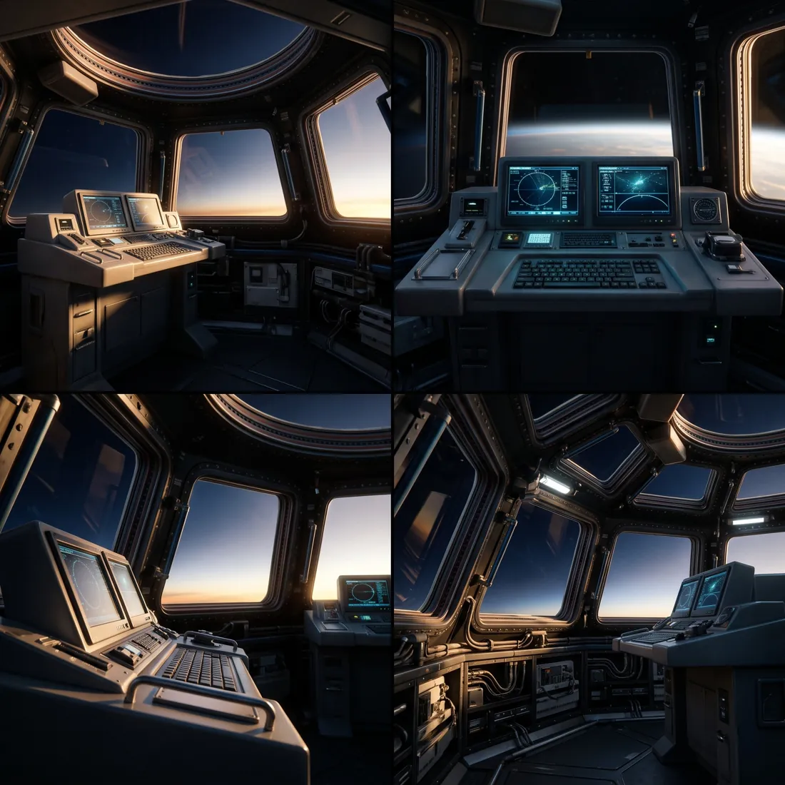 Four views of the observation Cupola at orbital dawn: angled windows, the control station with twin displays and keyboard, and cabling below the frames.