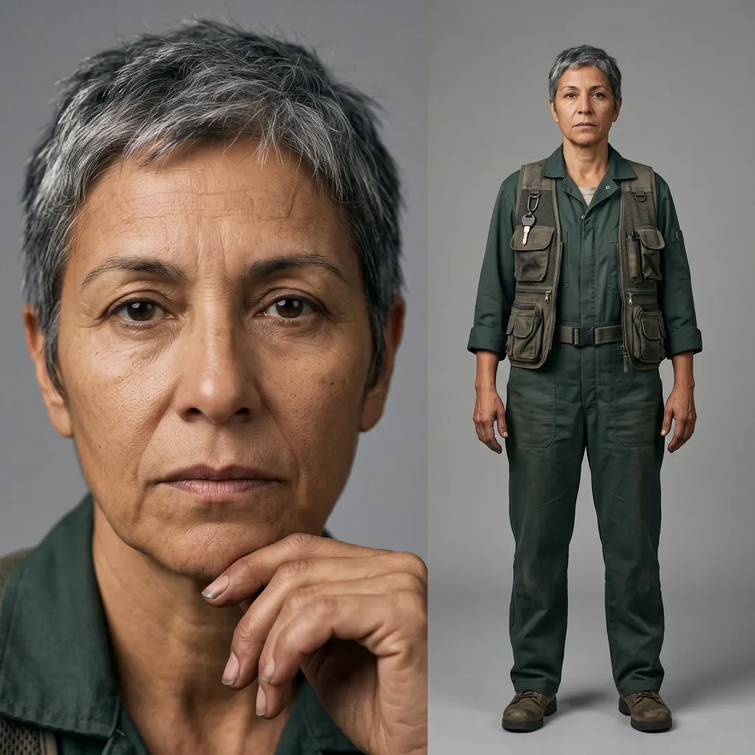 Character reference sheet for Ines: a face close-up and a full-body view in a green flightsuit and utility vest.