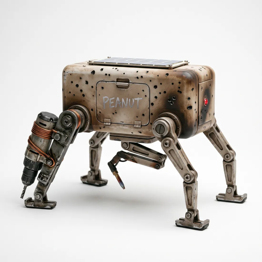 Prop reference for Peanut: a scorched, pitted four-legged repair crawler with "PEANUT" painted on its hatch, a small solar panel, a red status light and a copper-wrapped drill-motor leg.
