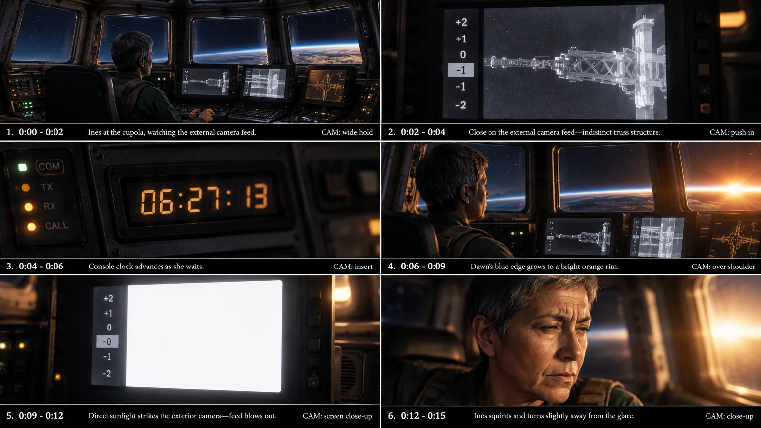 Six-panel storyboard for scene 9, shot 4: Ines watches the external camera feed from the Cupola as orbital dawn rises and the feed blows out to white.