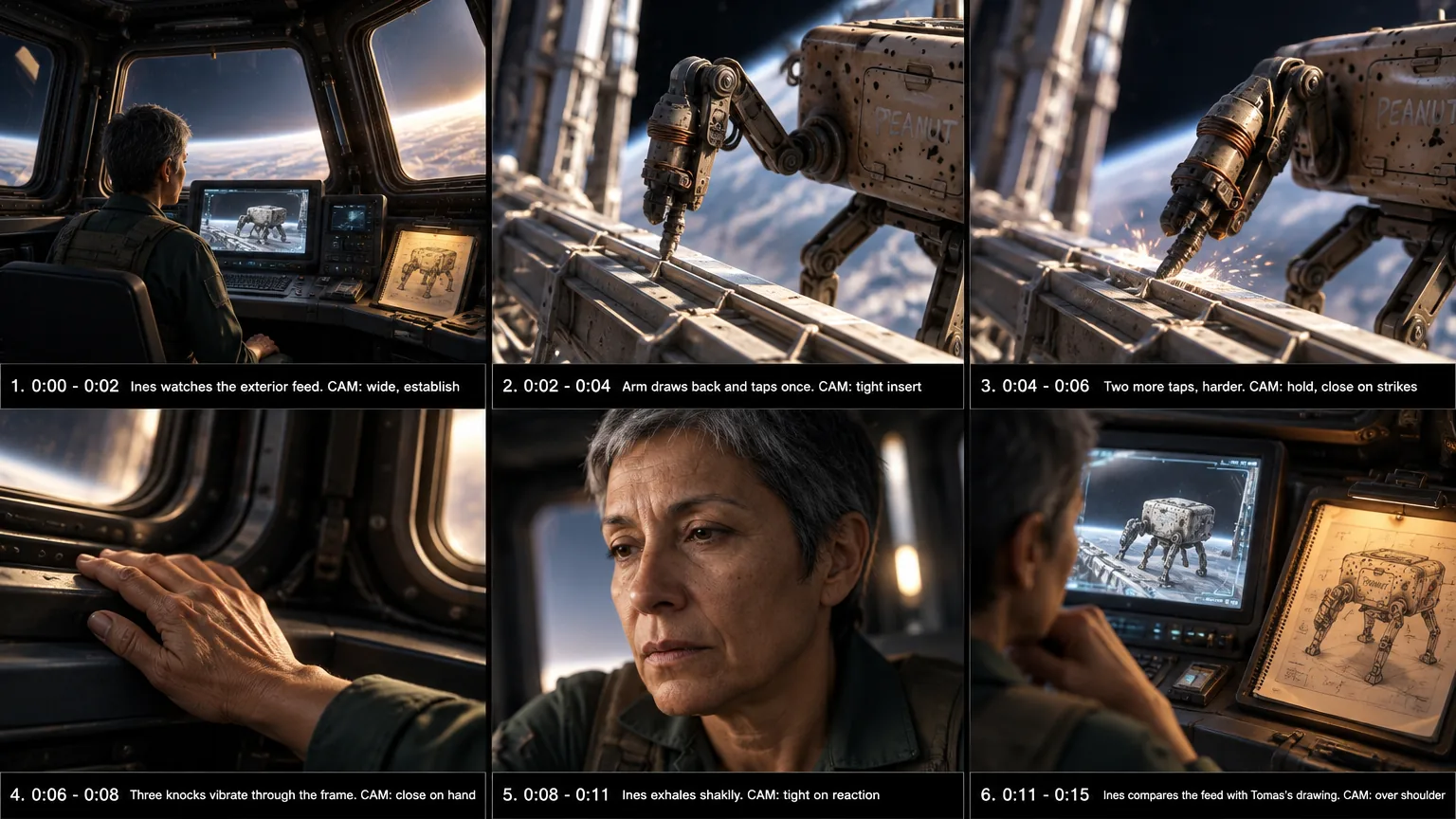 Six-panel storyboard for scene 9, shot 7: Ines watches the exterior feed in the Cupola; Peanut's drill arm taps the truss once, then twice more; the knocks vibrate through the frame under her hand; she exhales and compares the feed with Tomas's drawing.