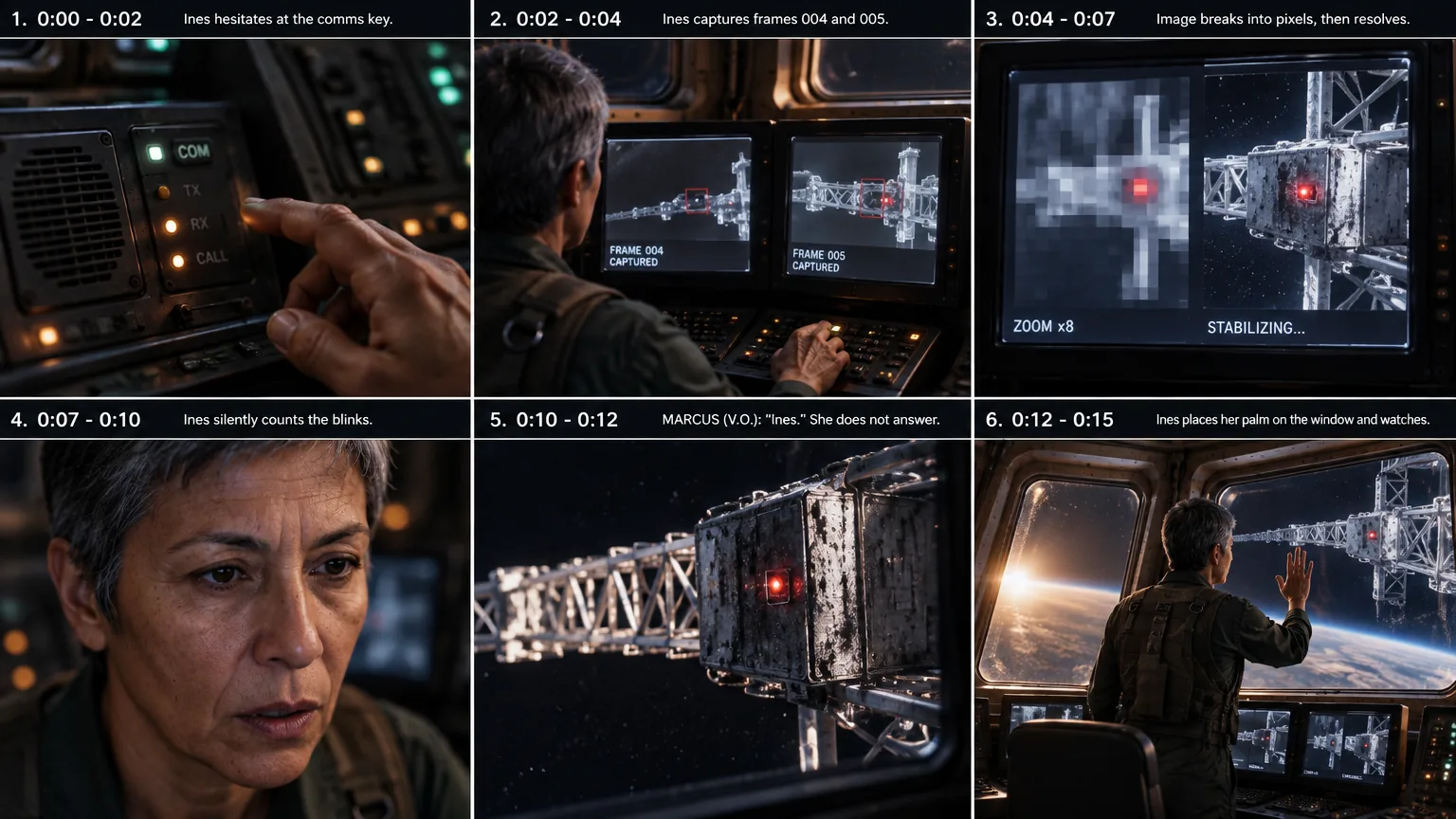Six-panel storyboard for scene 9, shot 9: Ines hesitates at the comms key, captures camera frames of the truss, zooms in on the drone's red status light, silently counts the blinks, ignores Marcus on the radio, and presses her palm to the Cupola window.
